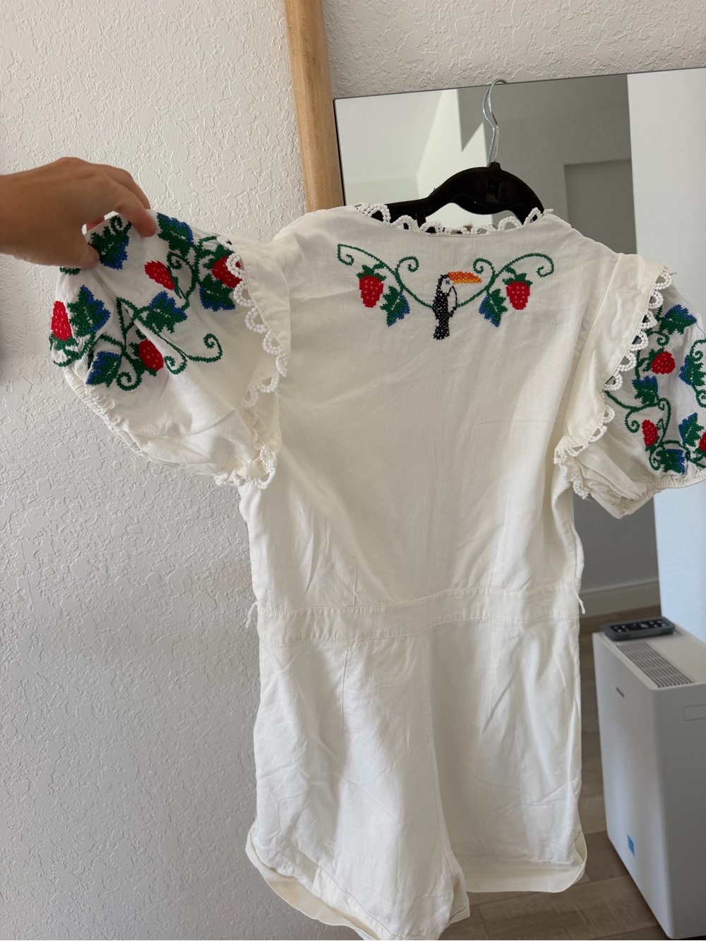 FARM Rio Cream Embroidered Strawberry Romper with Green & Red Accents - Picture 8 of 10